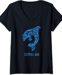 Womens Blue Water Sitka Alaska SE Native American Orca Killer Whale V-Neck T-Shirt