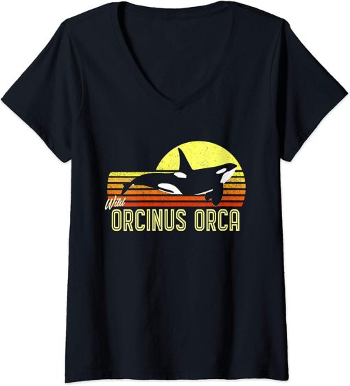 Womens Orca Killer Whale Dolphin Marine Science Biologist Retro Sun V-Neck T-Shirt