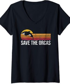 Womens Retro Vintage Save The Orcas Funny Whale Lover Gift V-Neck T-Shirt